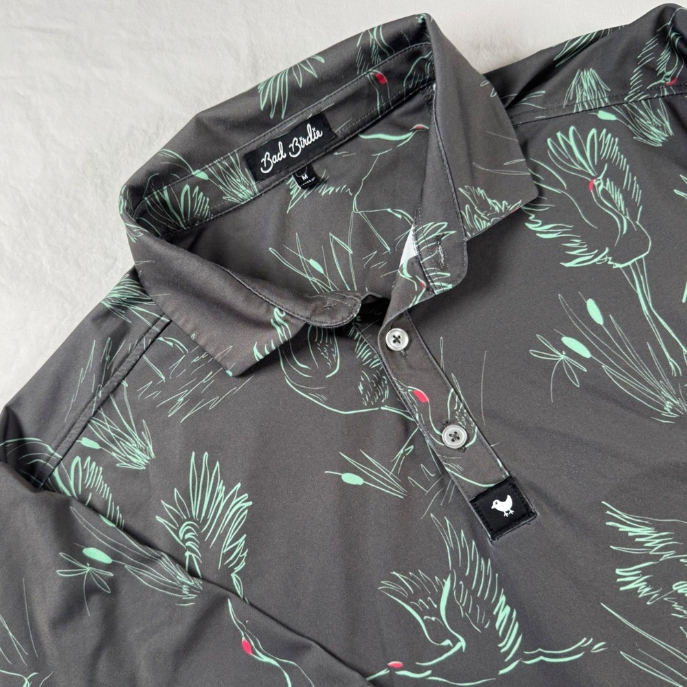 Bad Birdie Men's Size M Charcoal Grey Crane Bird Print Short Sleeve Polo Shirt